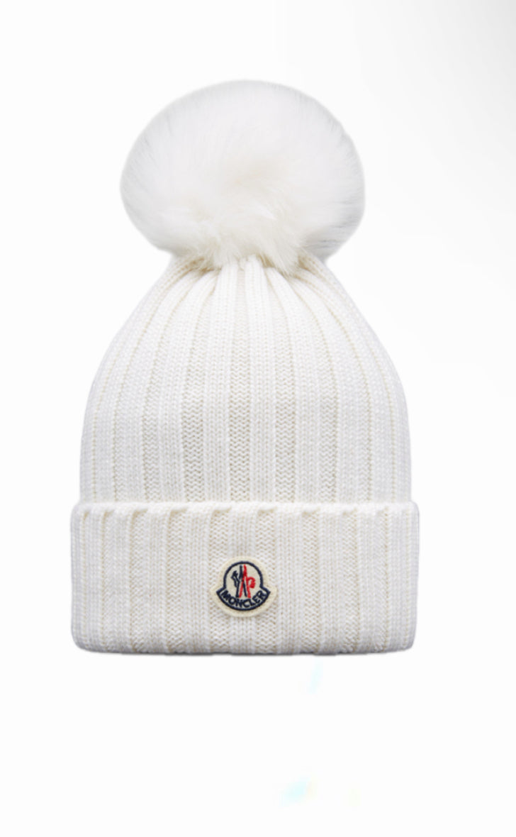 Women WHITE MONCLER WOOL BEANIE WITH POM POM
