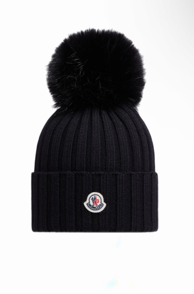 WOMEN BLACK MONCLER WOOL BEANIE WITH POM POM